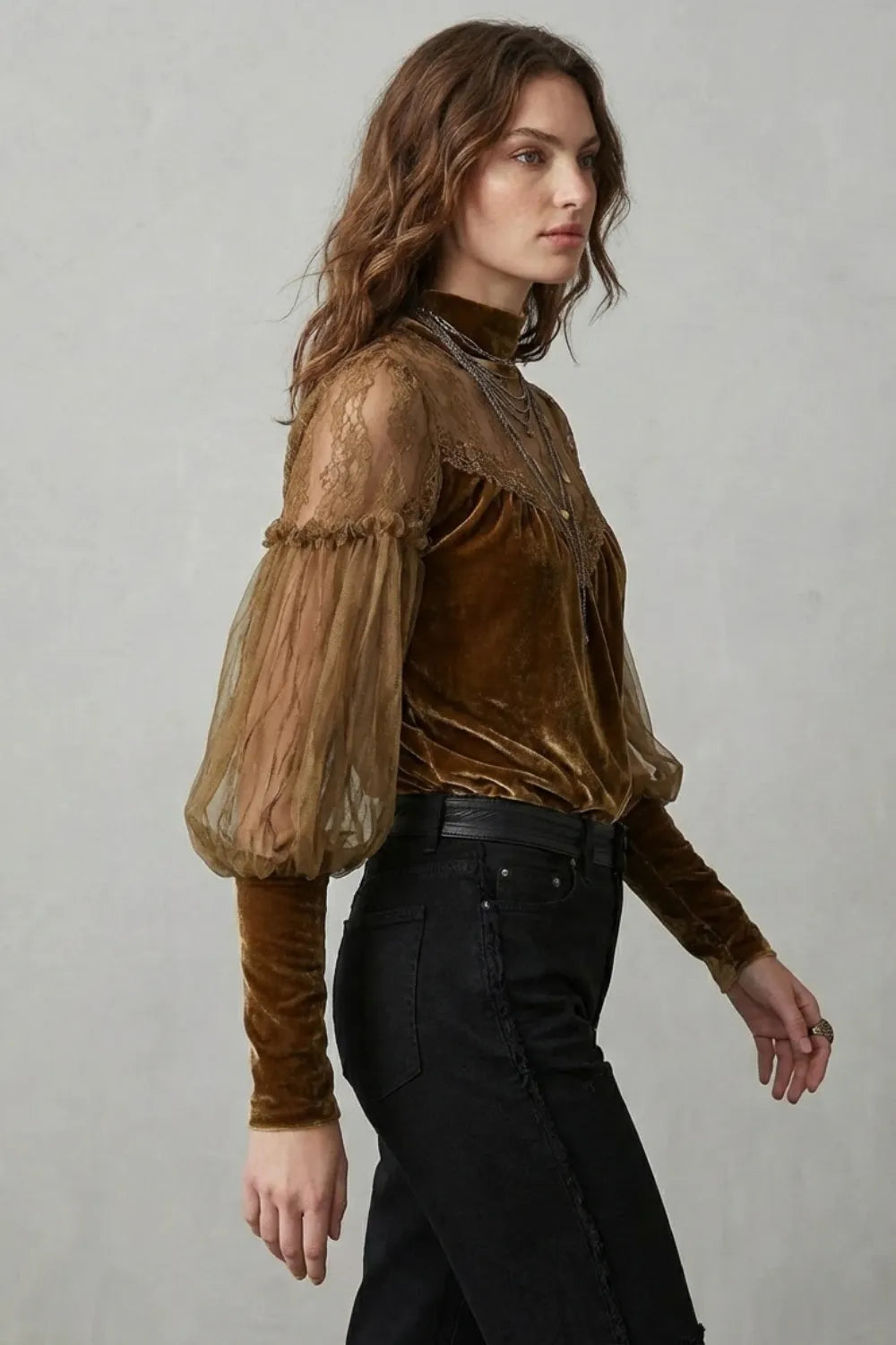 Sheer lace detail – Velvet turtleneck blouse