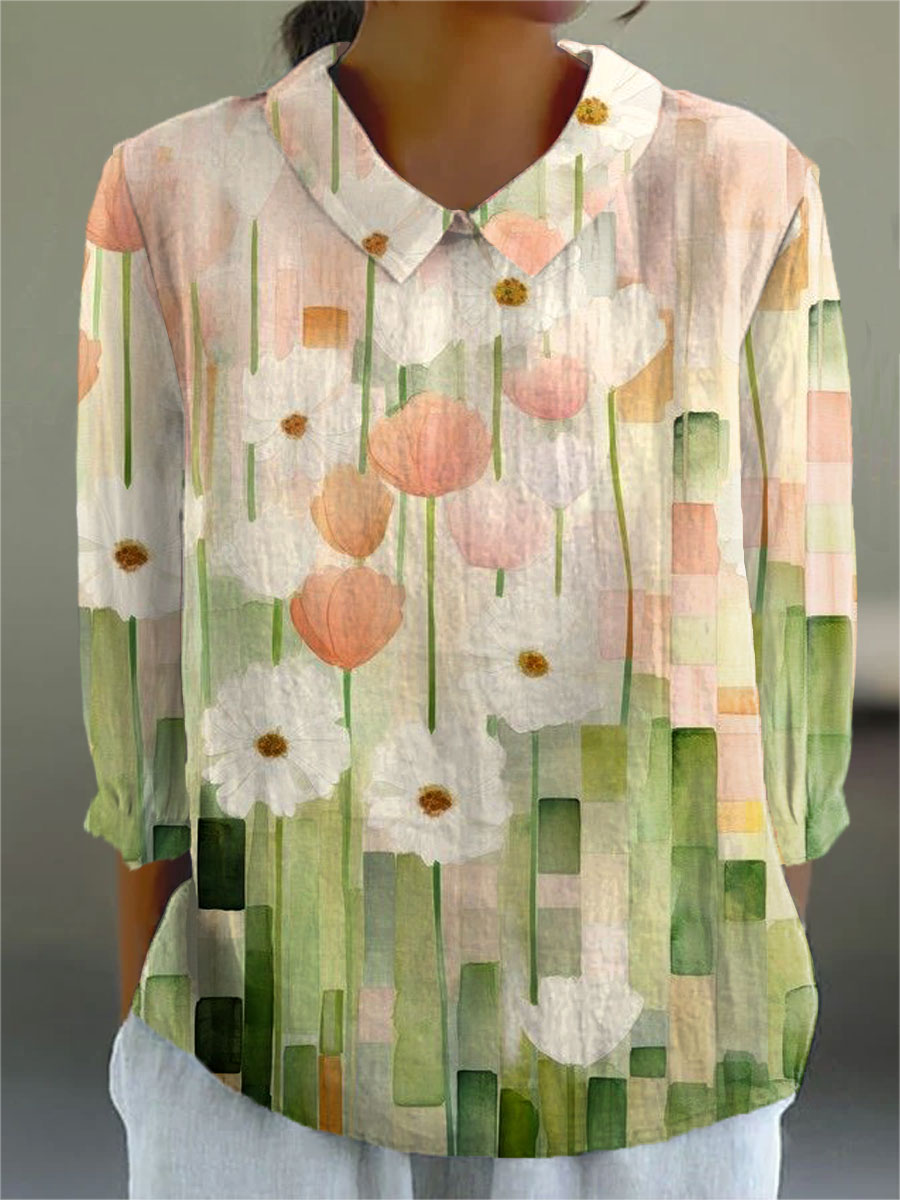 Women's  Watercolor Flower Art Print Casual Cotton And Linen 3/4 Sleeve Shirt
