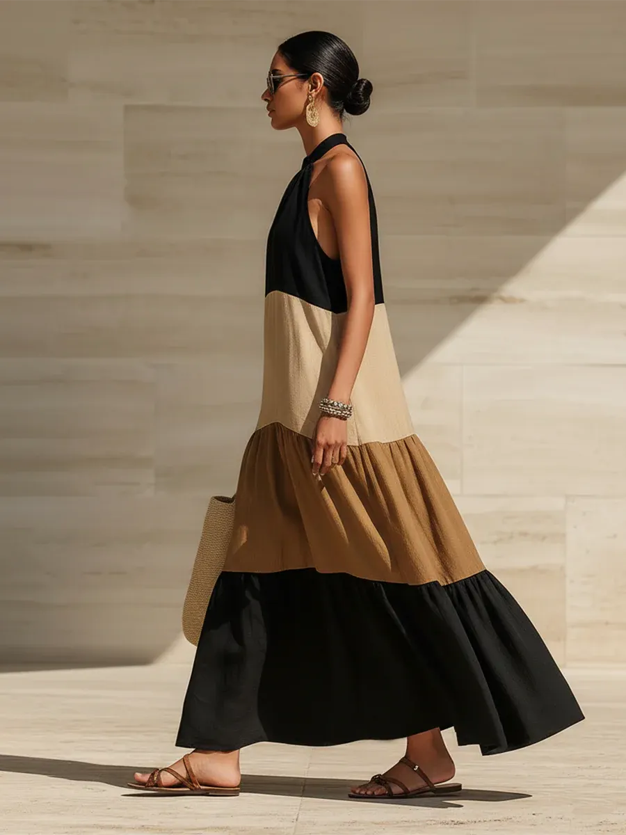 Elegant Artistic Color Blocking Maxi Dress