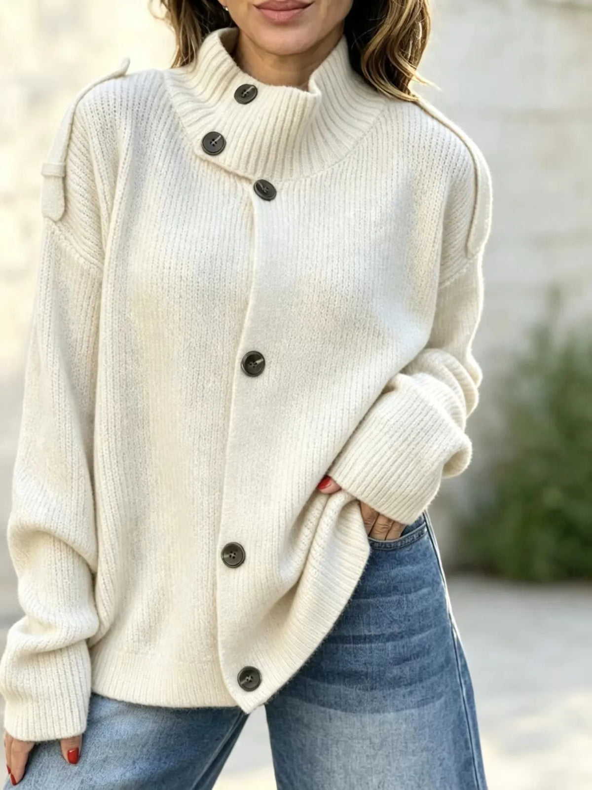 Stand Collar Button‐Down Shoulder Detail Knit Cardigan