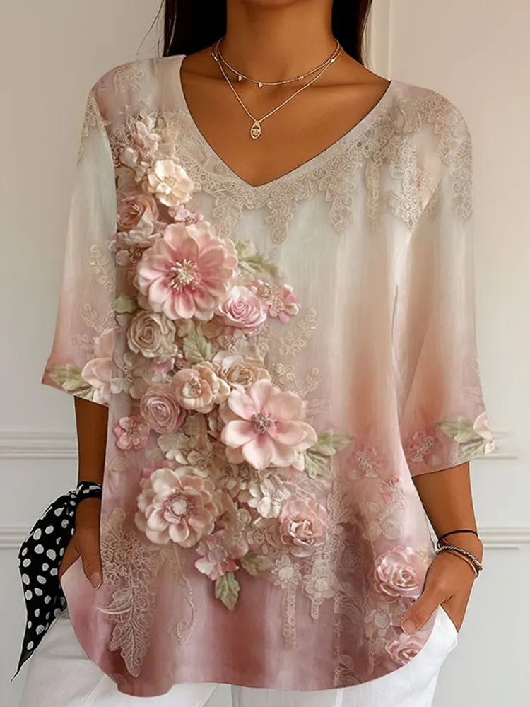 Women's Vintage Flower Art Print V-neck Casual T-shirt