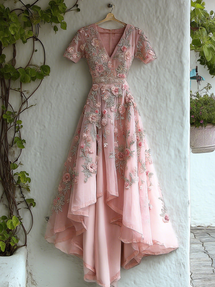 Women's Vintage Floral Art Flowy Linen Blend V Neck Maxi Dress
