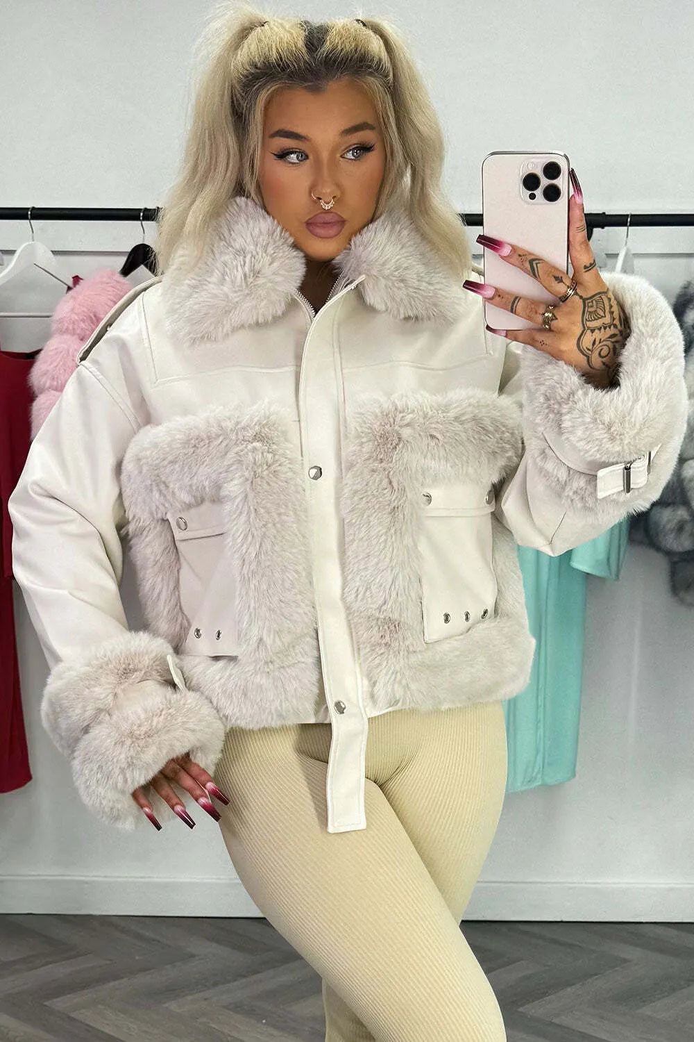 Faux Fur Trim Faux Leather Jacket Beige