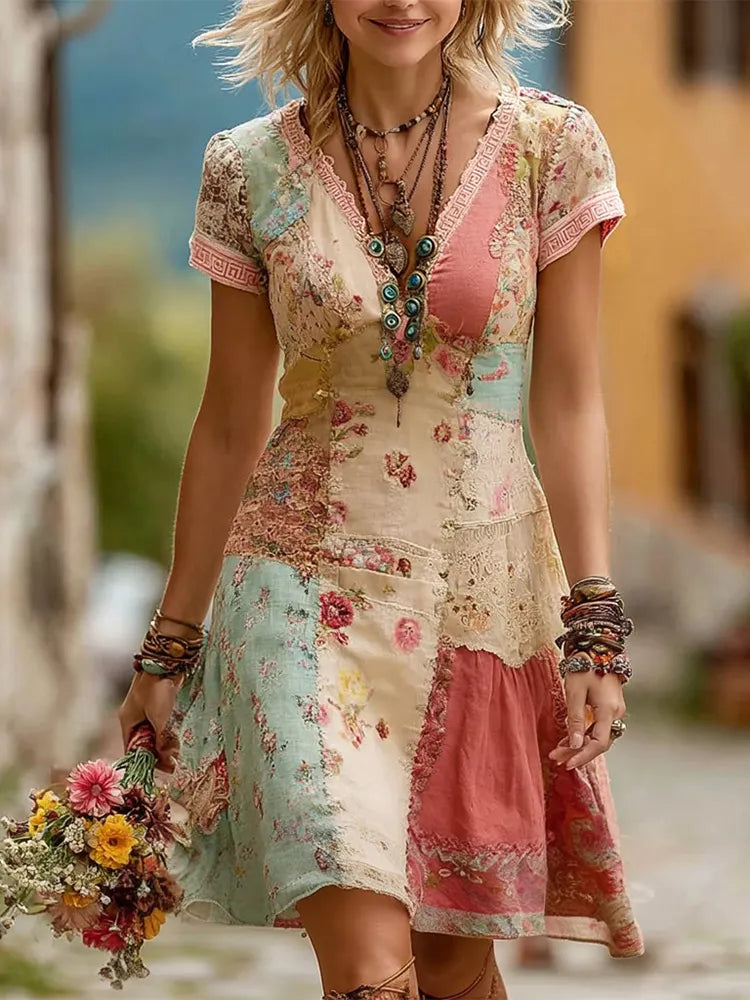 Women's Vintage Bohemian Patchwork Short-sleeve Casual Dress