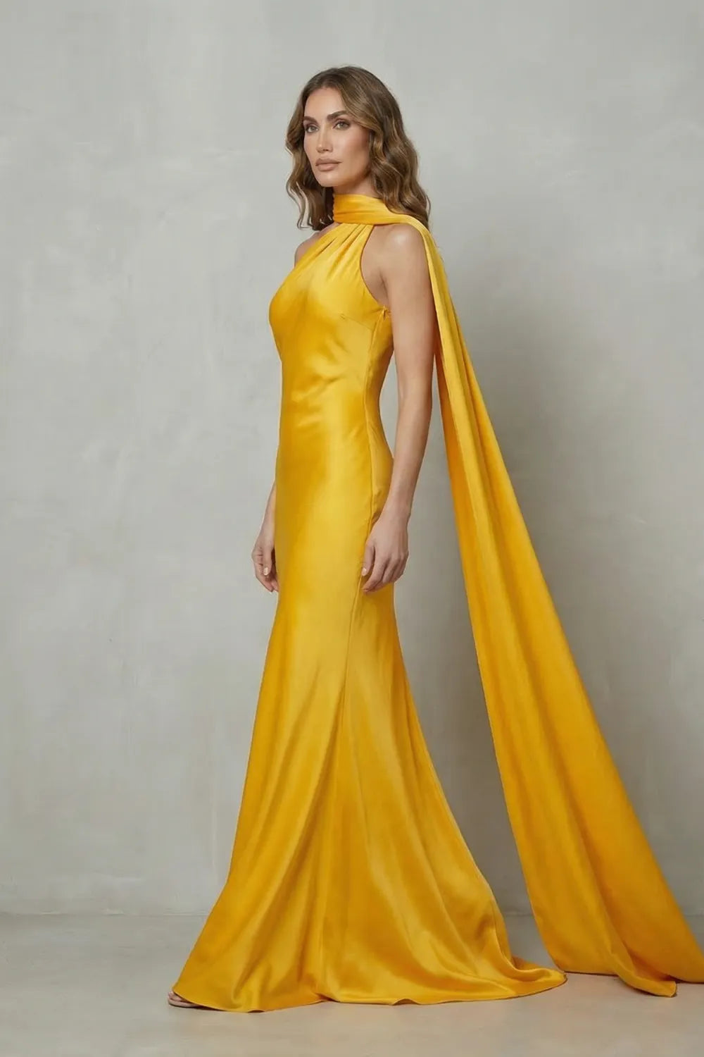 Draped neckline cascade – Satin mermaid gown