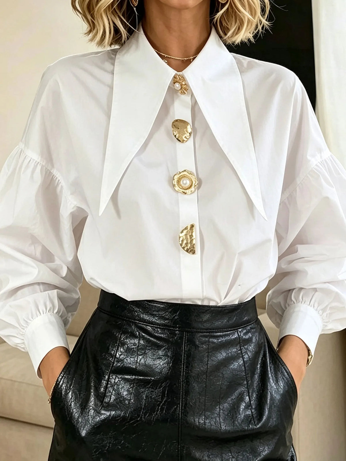 Women Lantern Long Sleeve Oversized Point Collar Decorative Gold Button Blouse Shirt