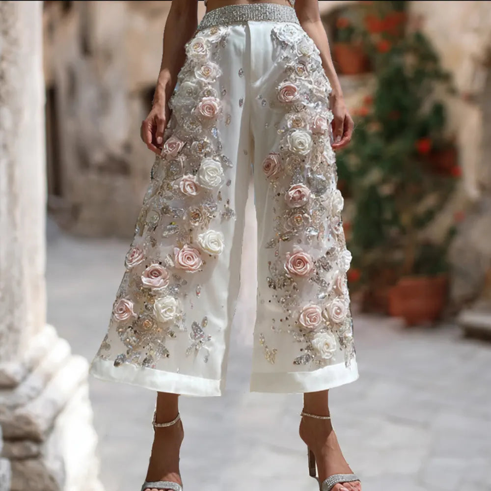 Bohemian Style Breast Cancer Three-dimensional Embroidery Sequin Casual Wide-leg Pants