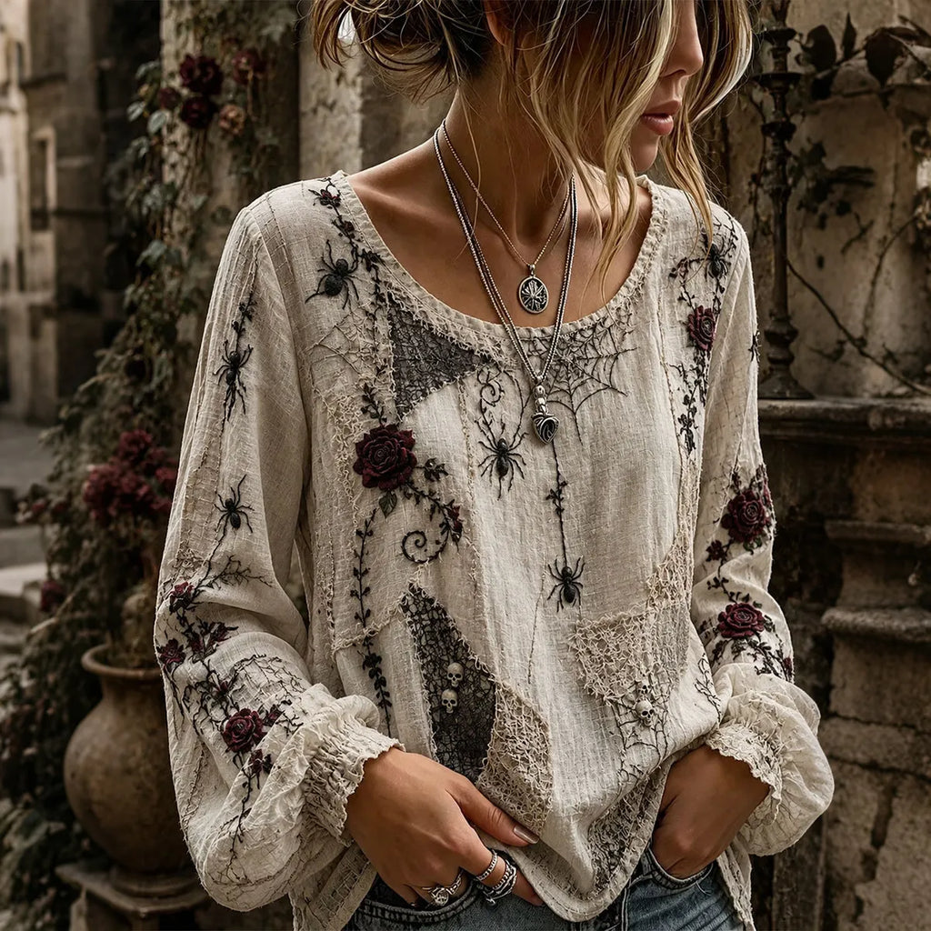 Women's Retro Skull Rose Spider Design Round Neck Cotton Linen Long Sleeve T-shirt