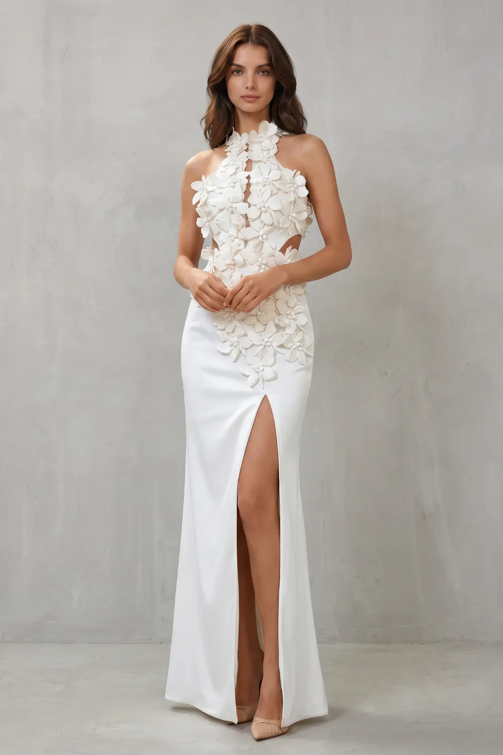 Ethereal bloom – Women’s Halter Neck Flower Split Maxi Dress