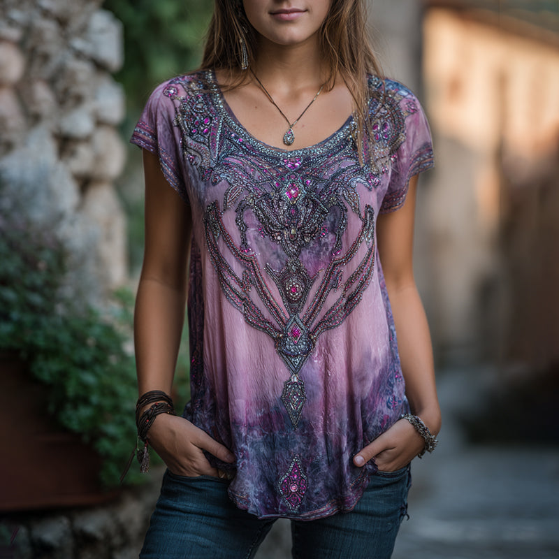 Women's Vintage Boho Nepal Ethnic Art T-shirt