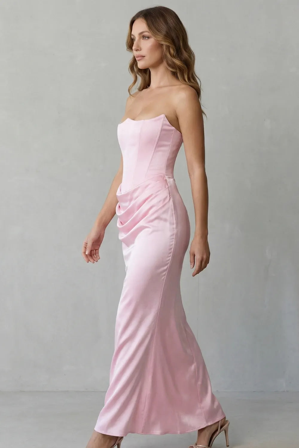 Sculpted satin drape – Strapless corset maxi dress