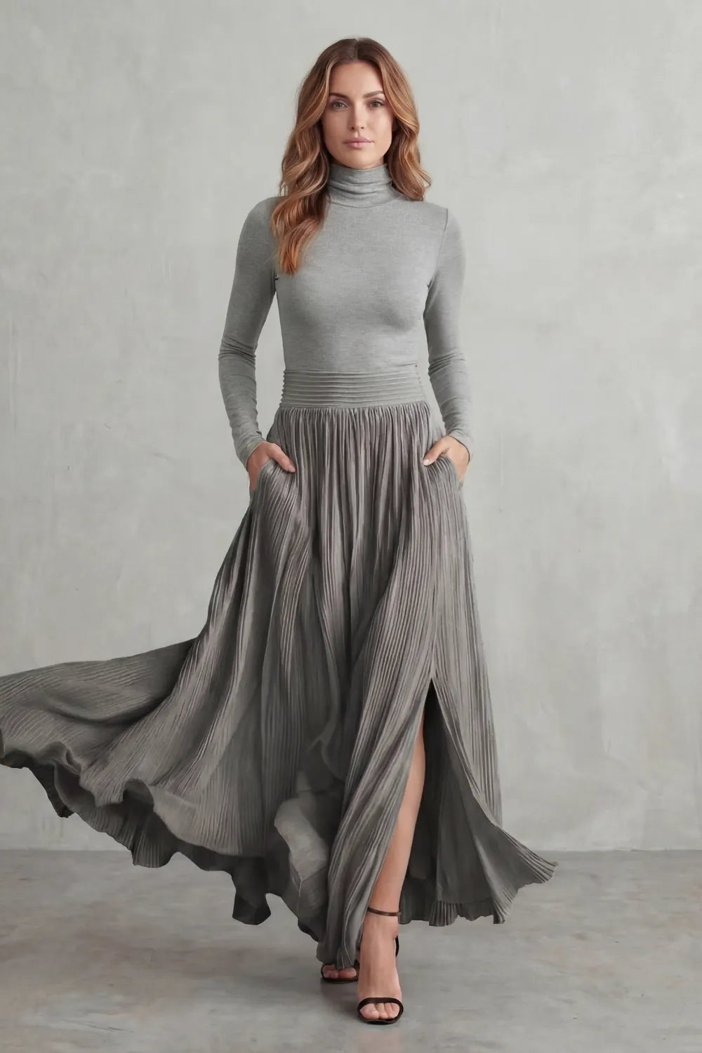 Pleated flow silhouette – Two-piece turtleneck set