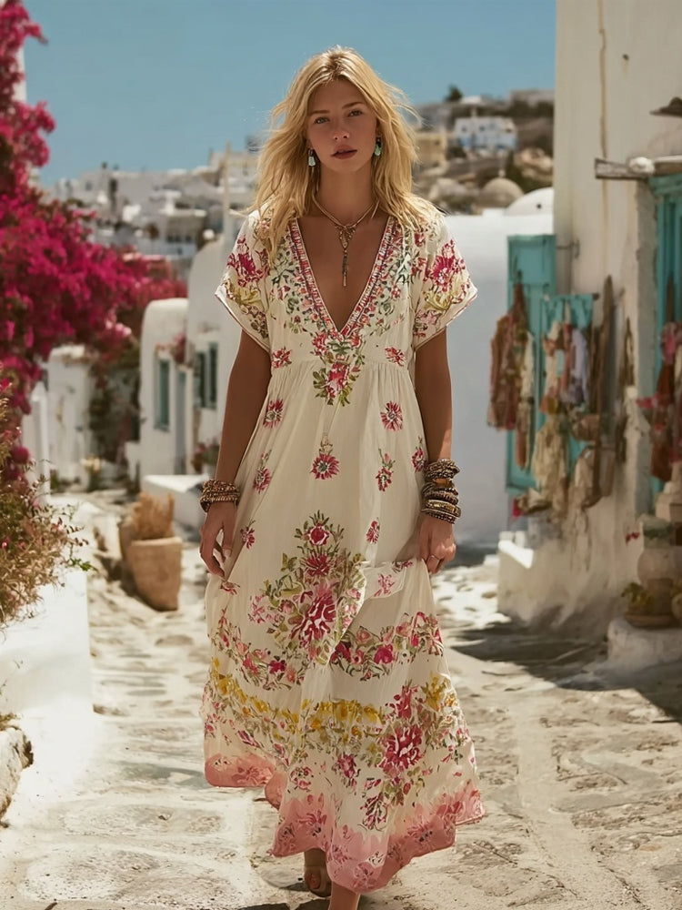 Vintage Boho Floral Pattern Comfy Linen Maxi Dress