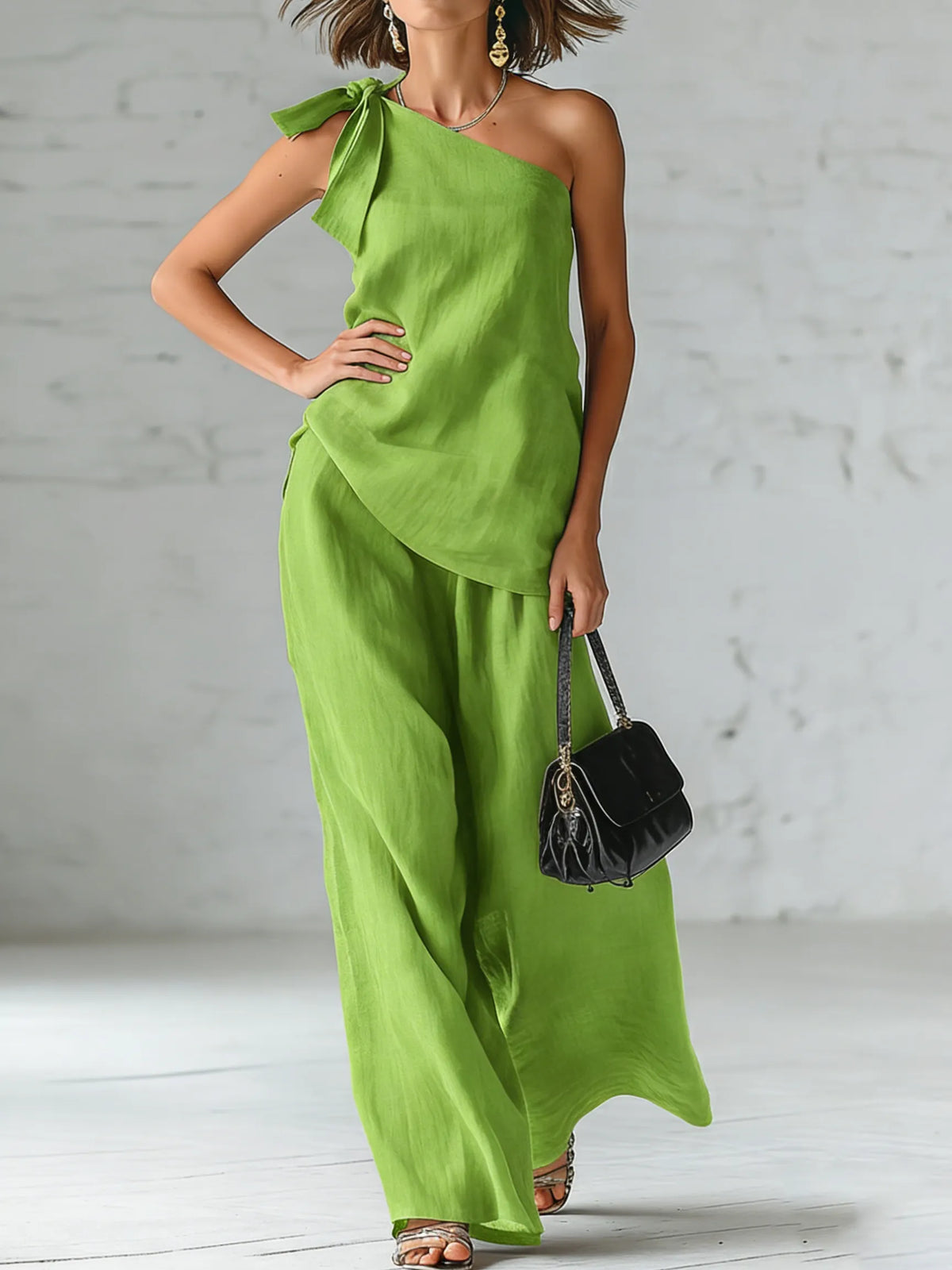 Minimalist Elegant Tie-up Bow Top And Wide-leg Pants Cozy Set
