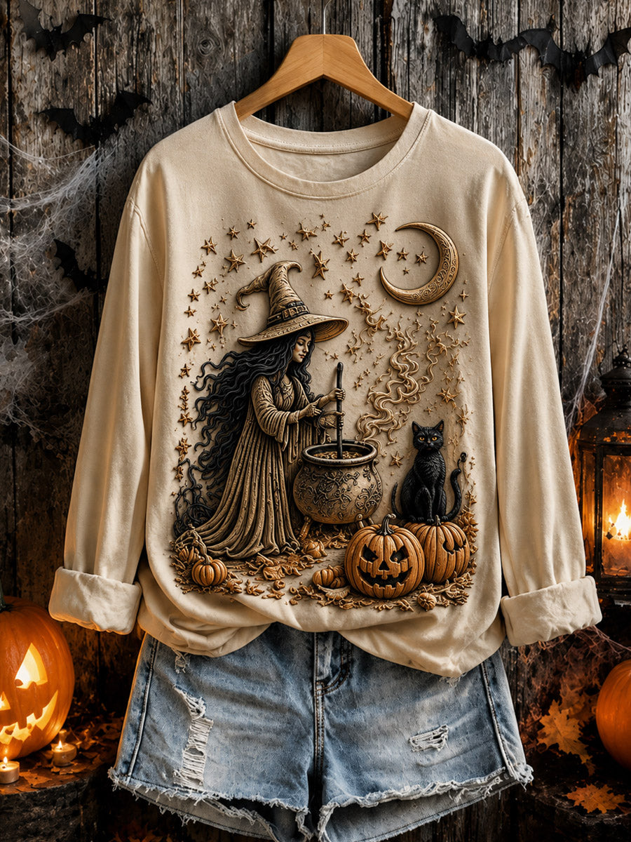 Halloween Retro Art Print Casual Long-Sleeve Top