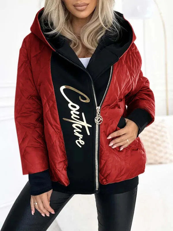 🔥Limited-time deal!😍Women's Hooded Zipper Stitching Contrast Color Letter Print Casual Cotton Coat