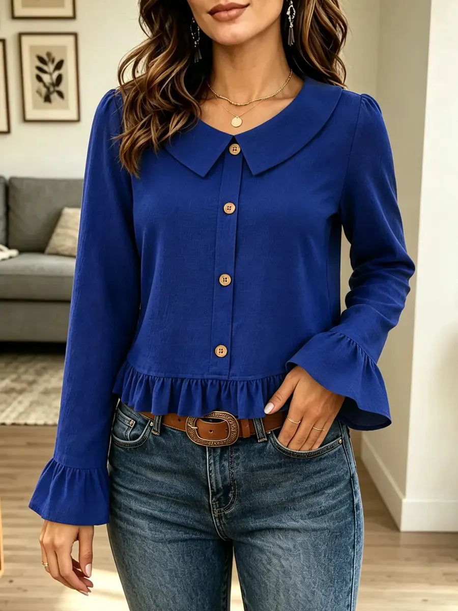 Retro Ruffle Peter‐pan Collar Art Casual Stylish Long Sleeve Shirt