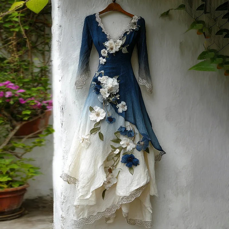 Women's Elegant Gradient Flowers Irregular Ruffle Linen Dress