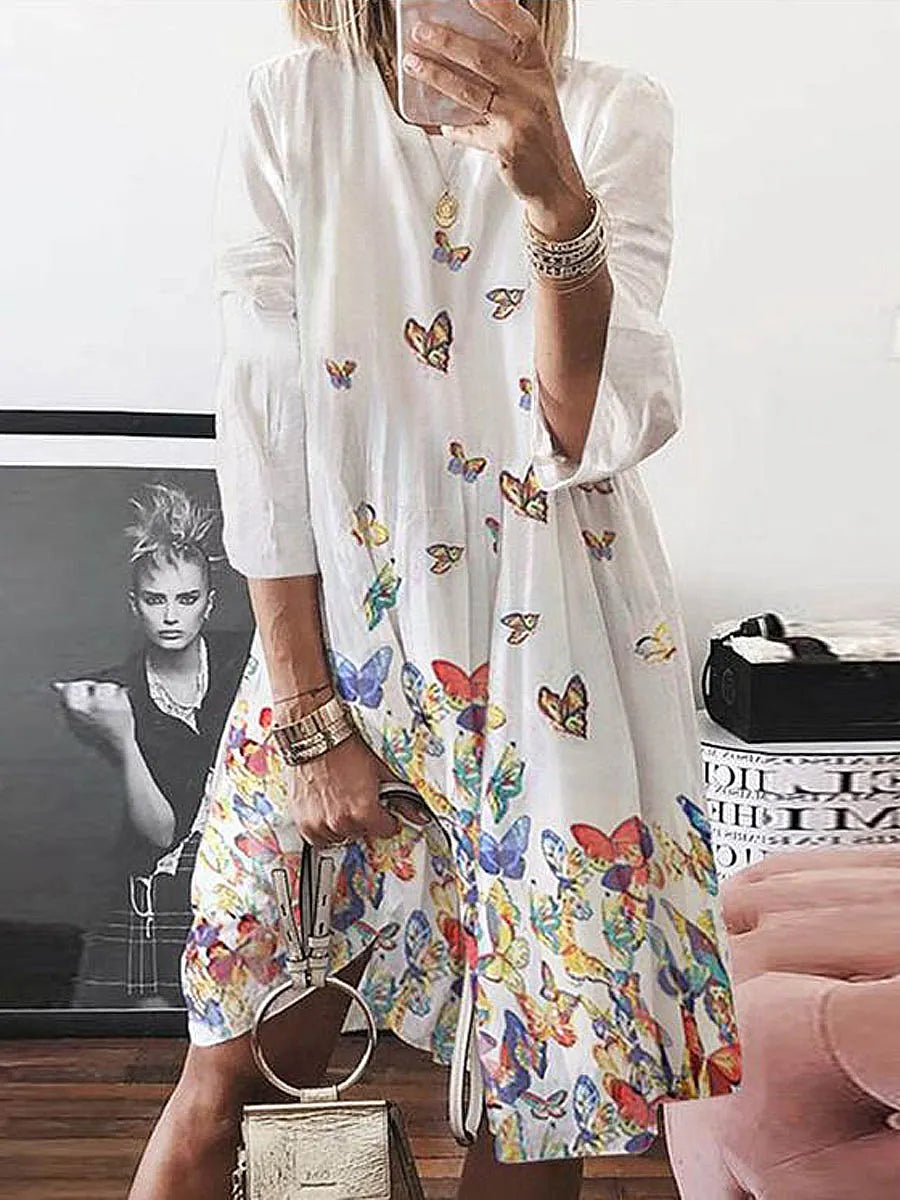 Women's Lovely Butterfly Art Print Casual Elegant Cotton And Linen Dress