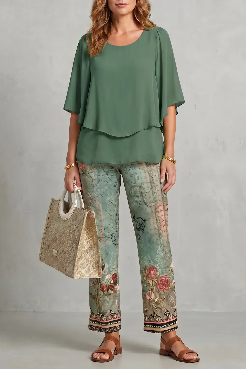 Botanical print elegance – Two-piece trouser set