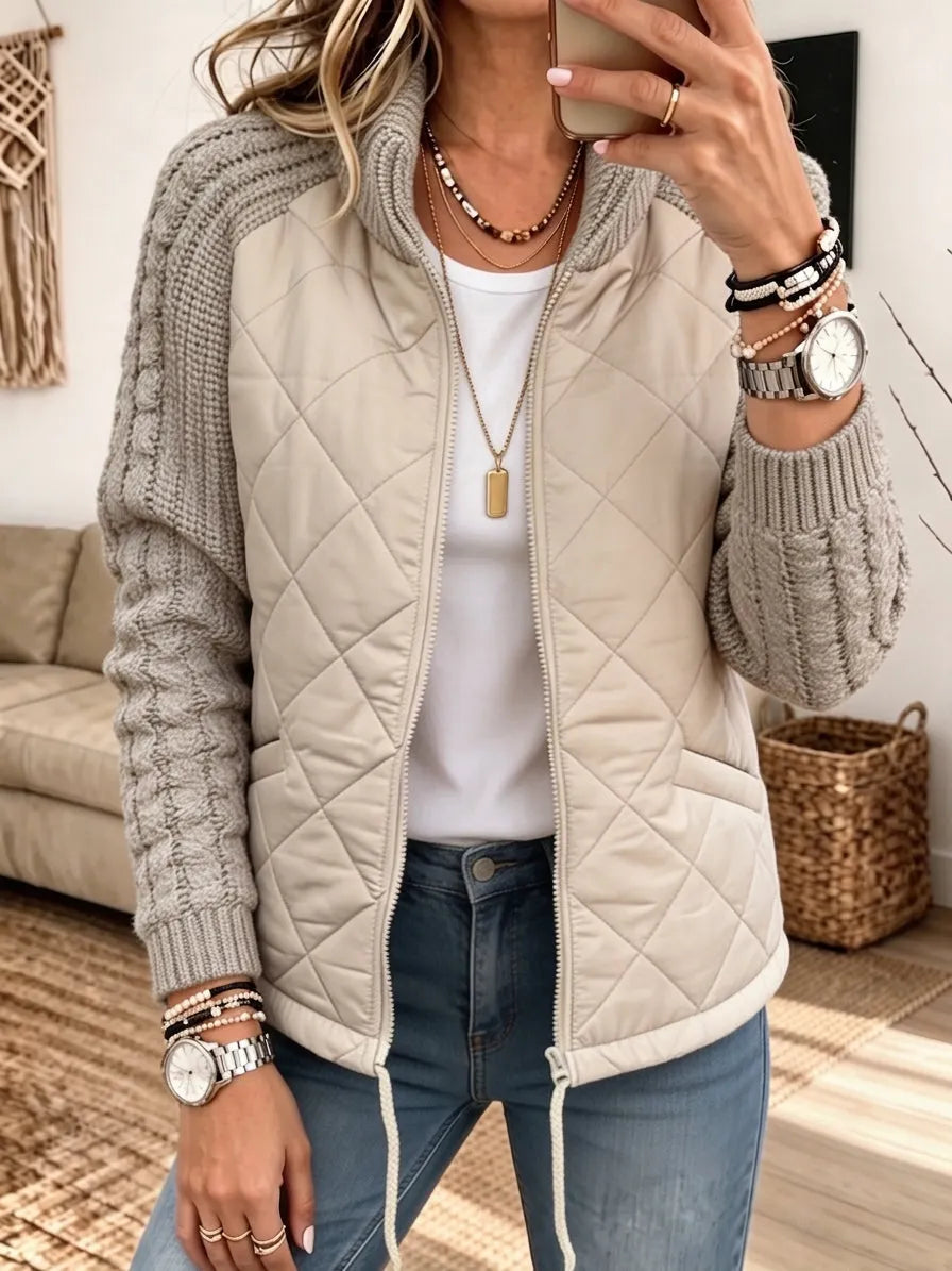 Women Quilted Knit Splice Zip‐Up Jacket, Stand Collar Mixed Media Casual Outerwear With Pockets