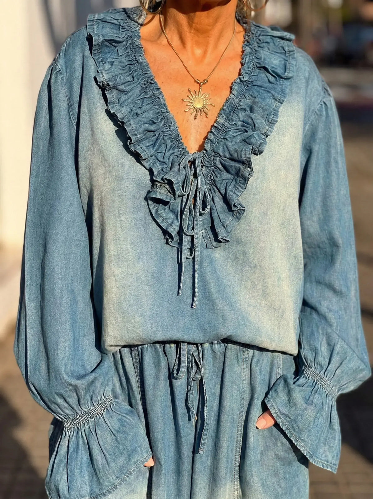 Women's Ruffled Denim Shirt