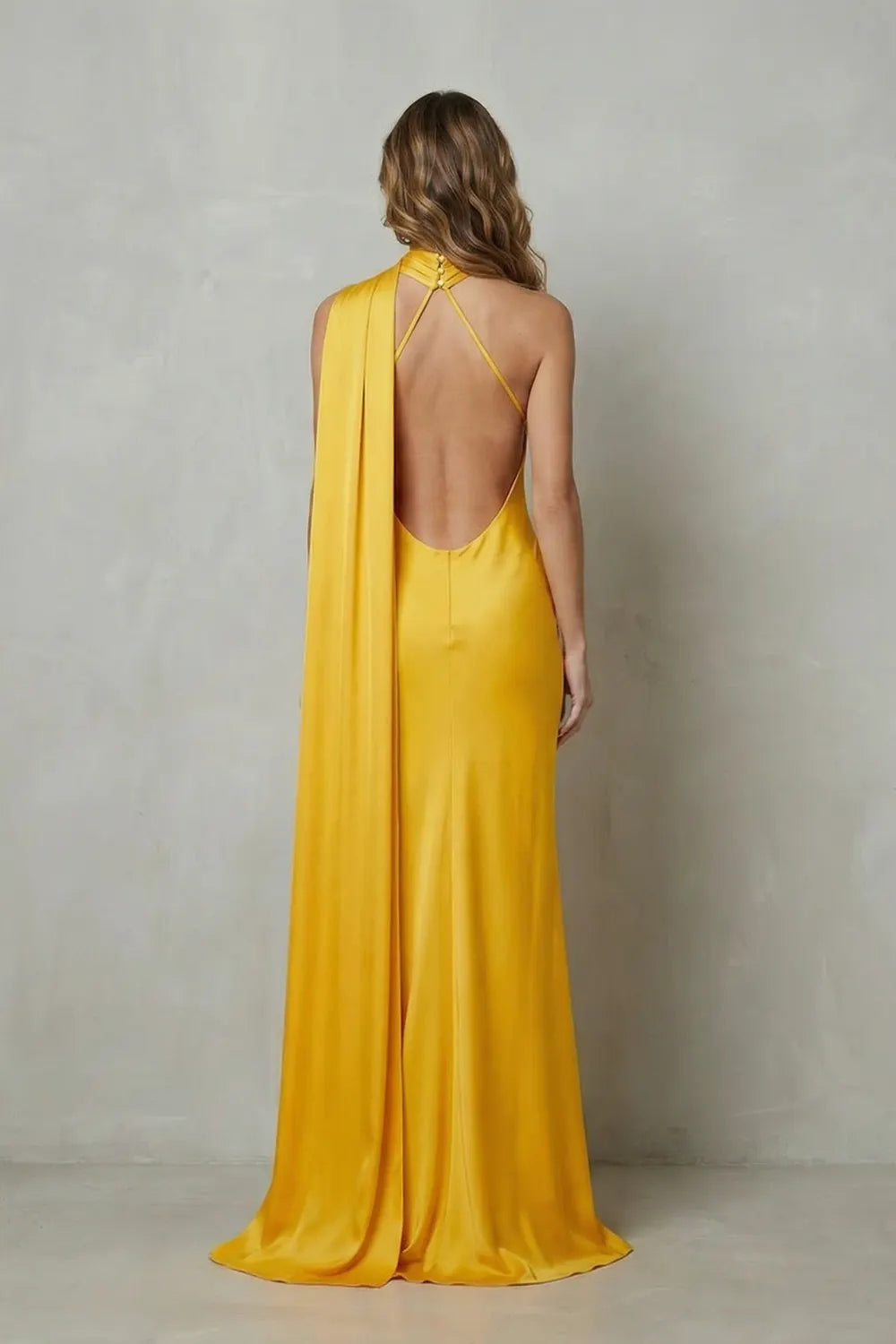 Draped neckline cascade – Satin mermaid gown