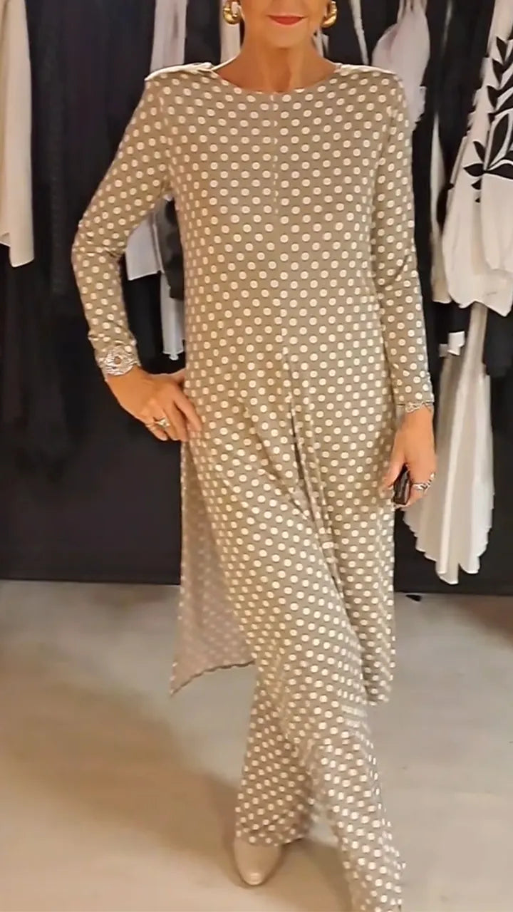Women Round Neck Polka Dot Slit Top + Pants Casual Suit