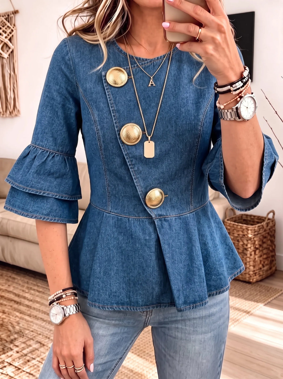 Denim Peplum Top Gold Button Double Layer Flutter Sleeve Blouse Women