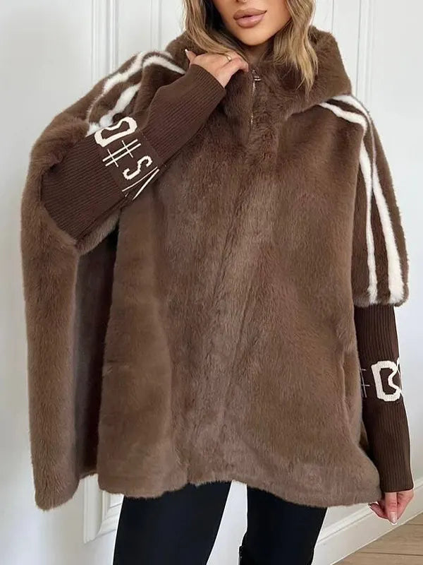 Women Plush Hooded Vertical Stripe Printed Casual Coat