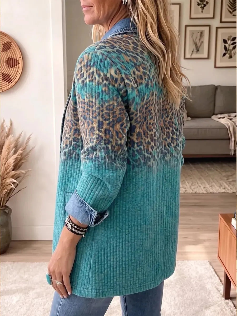 Vintage Elegant Denim Patchwork Color-blocked Leopard Jacket