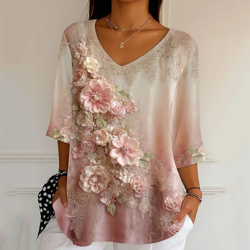 Women's Vintage Flower Art Print V-neck Casual T-shirt