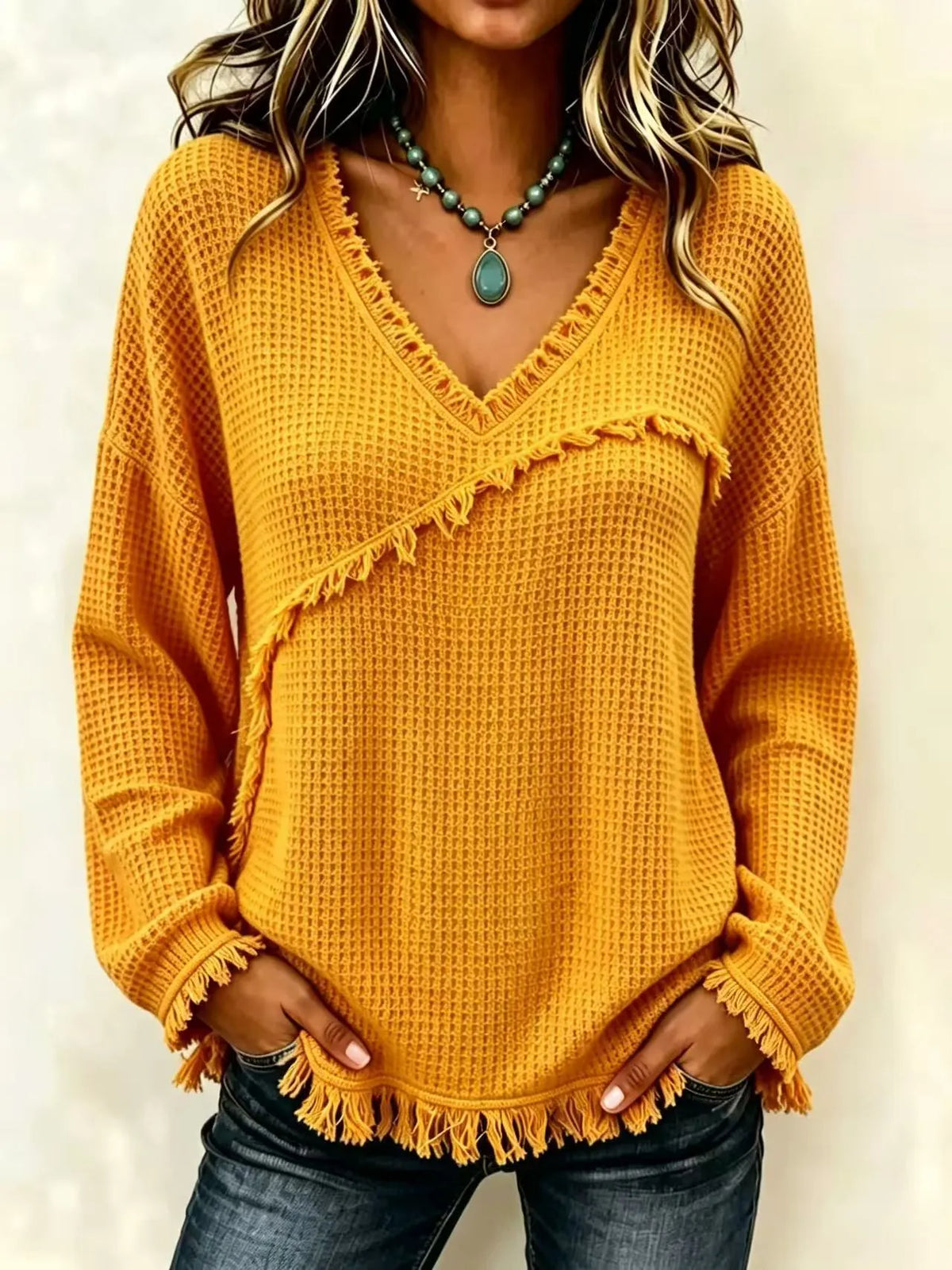 Fringe Trim Waffle Knit V‐Neck Sweater, Women Long Sleeve Loose Pullover Top