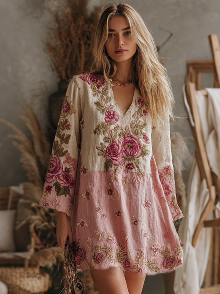 Women's V Neck Boho Classy Gradient Pink Roses Embroidered Art Casual Dress