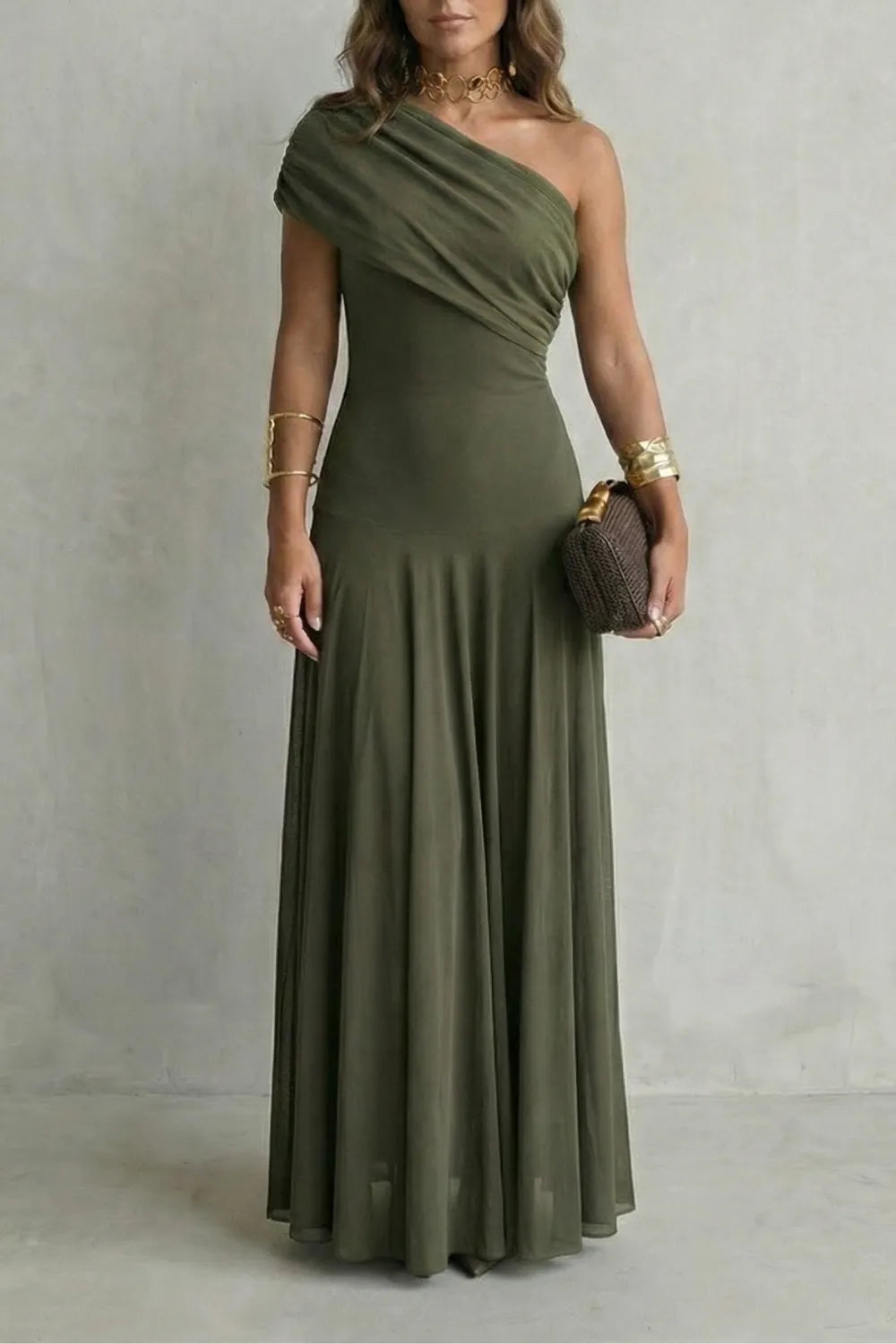 Elegant draped neckline – One shoulder maxi dress