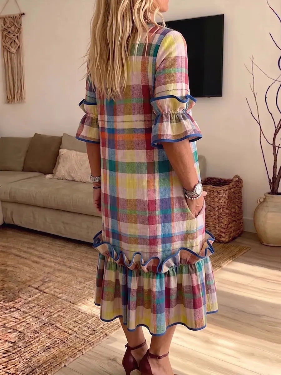 Vintage Elegant Pattern Print Patchwork Color Blocked Trim Ruffle Midi Dress With Pockets