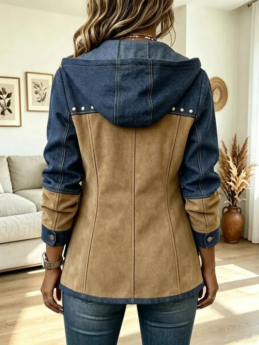 Retro Hooded Denim Patchwork Art Casual Stylish Lapel Long Sleeve Coat