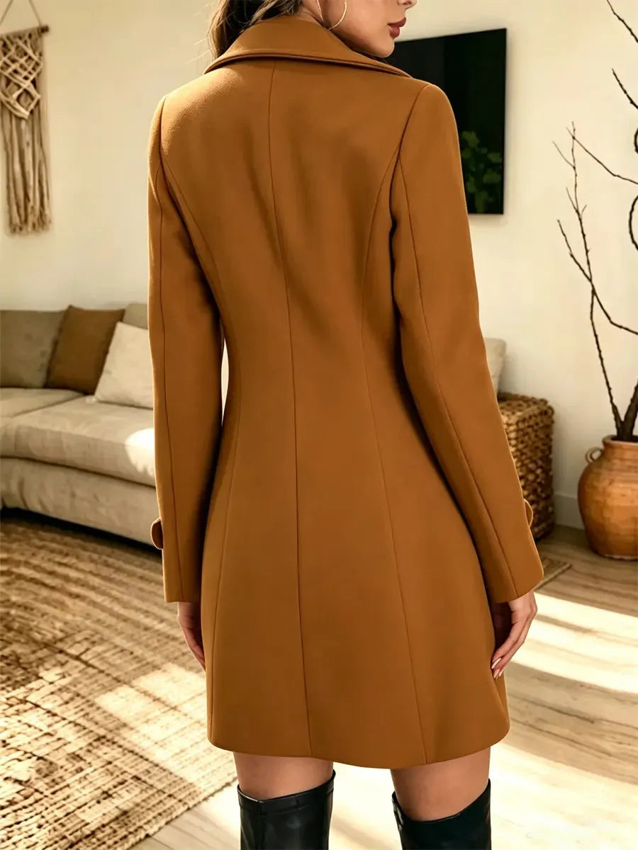 Retro Art Casual Double‐breasted Lapel Wool-blend Stylish Long Sleeve Coat