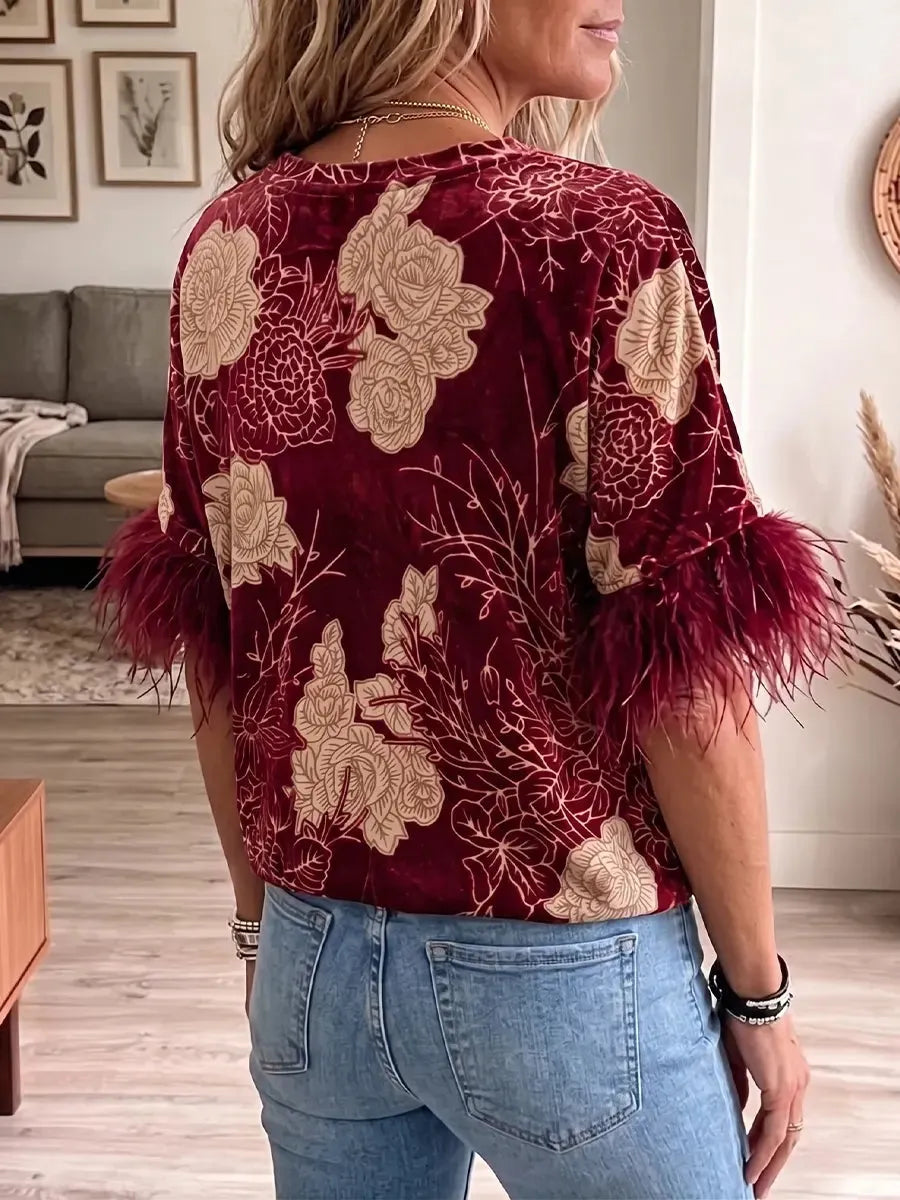 Vintage Elegant Patchwork Feather Velvet Flowers Shirt