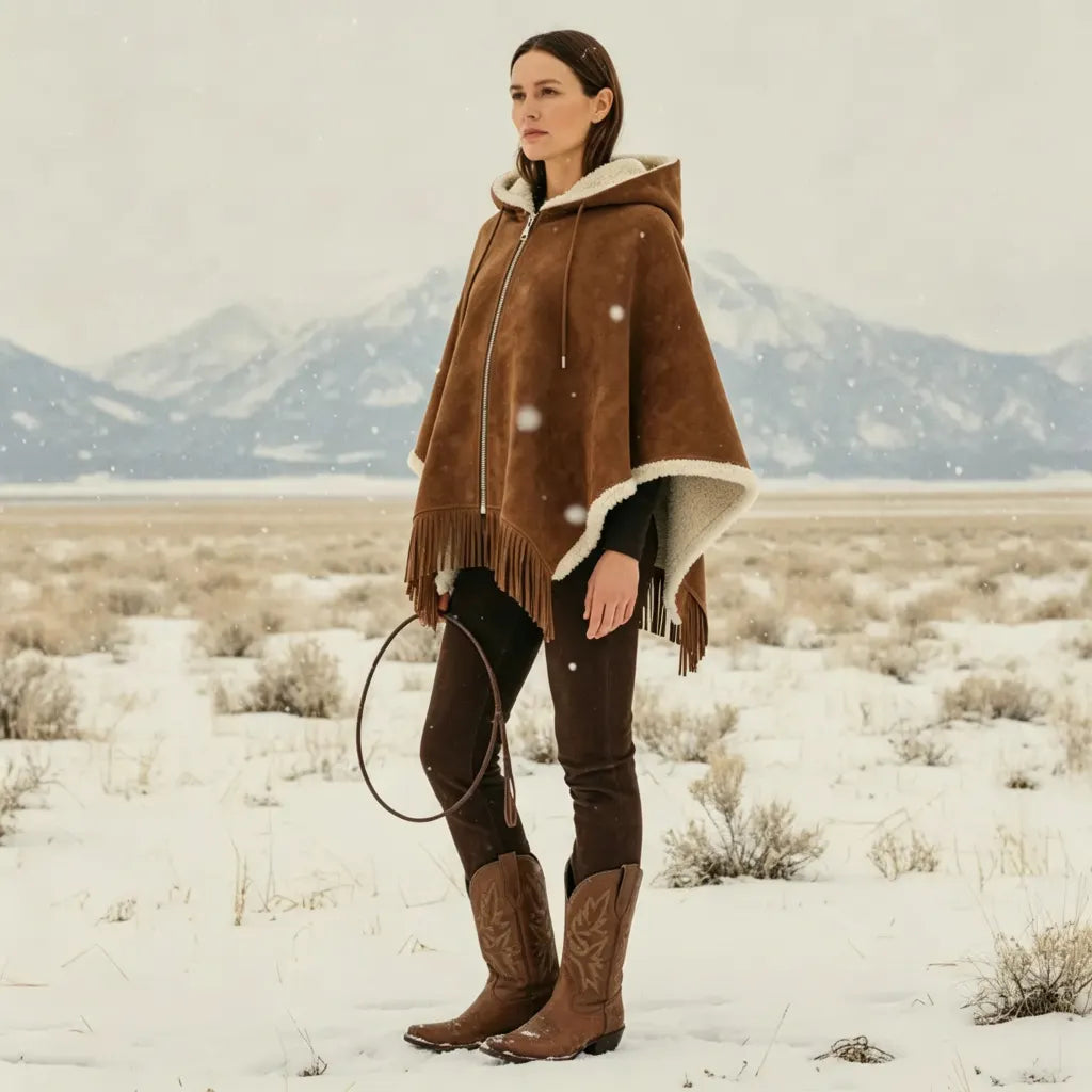 Women's Brown Faux Suede Hooded Cape With Shearling Lining And Fringe Details