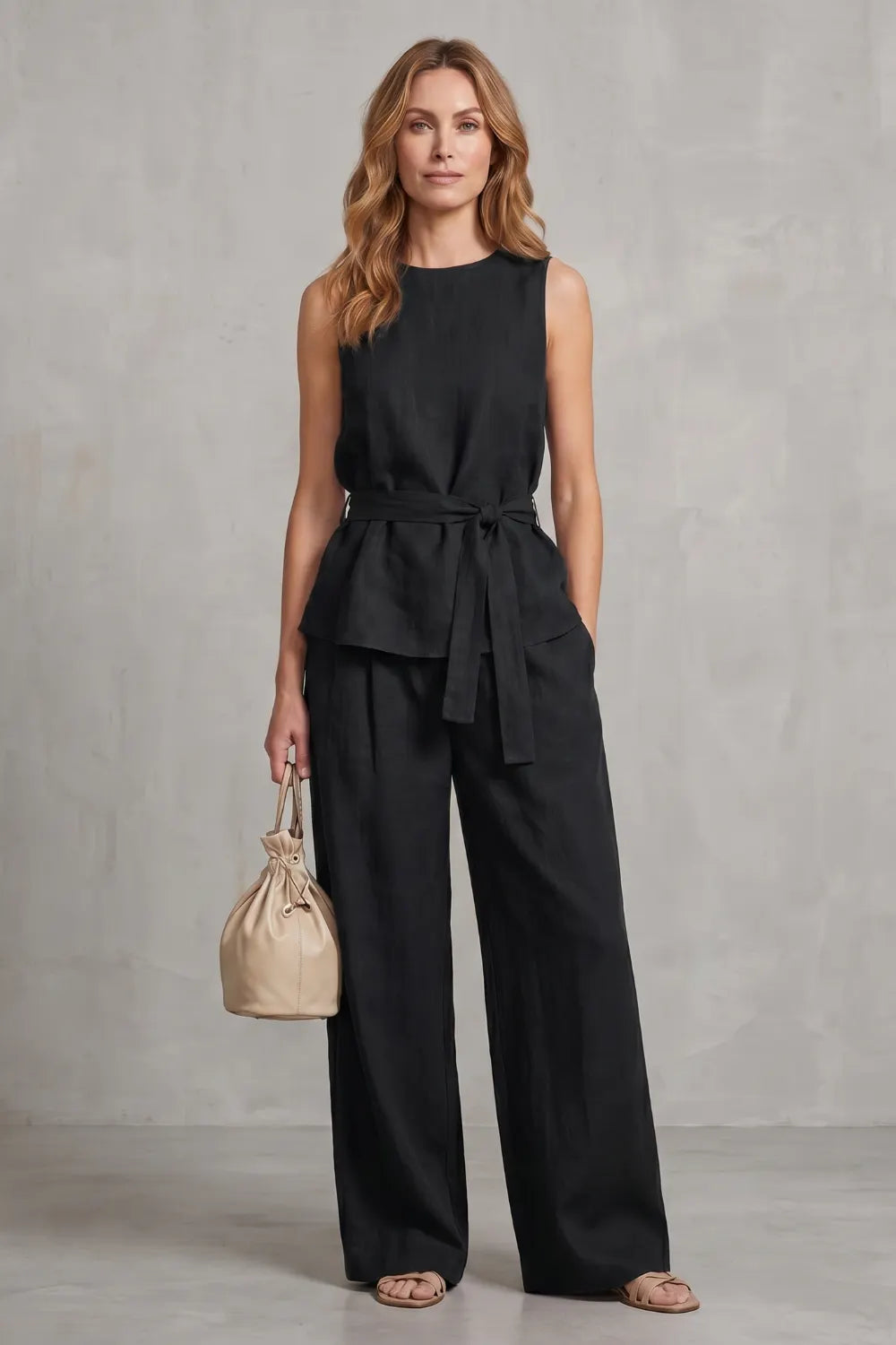 Elegant tie-waist silhouette – Two-piece trouser set