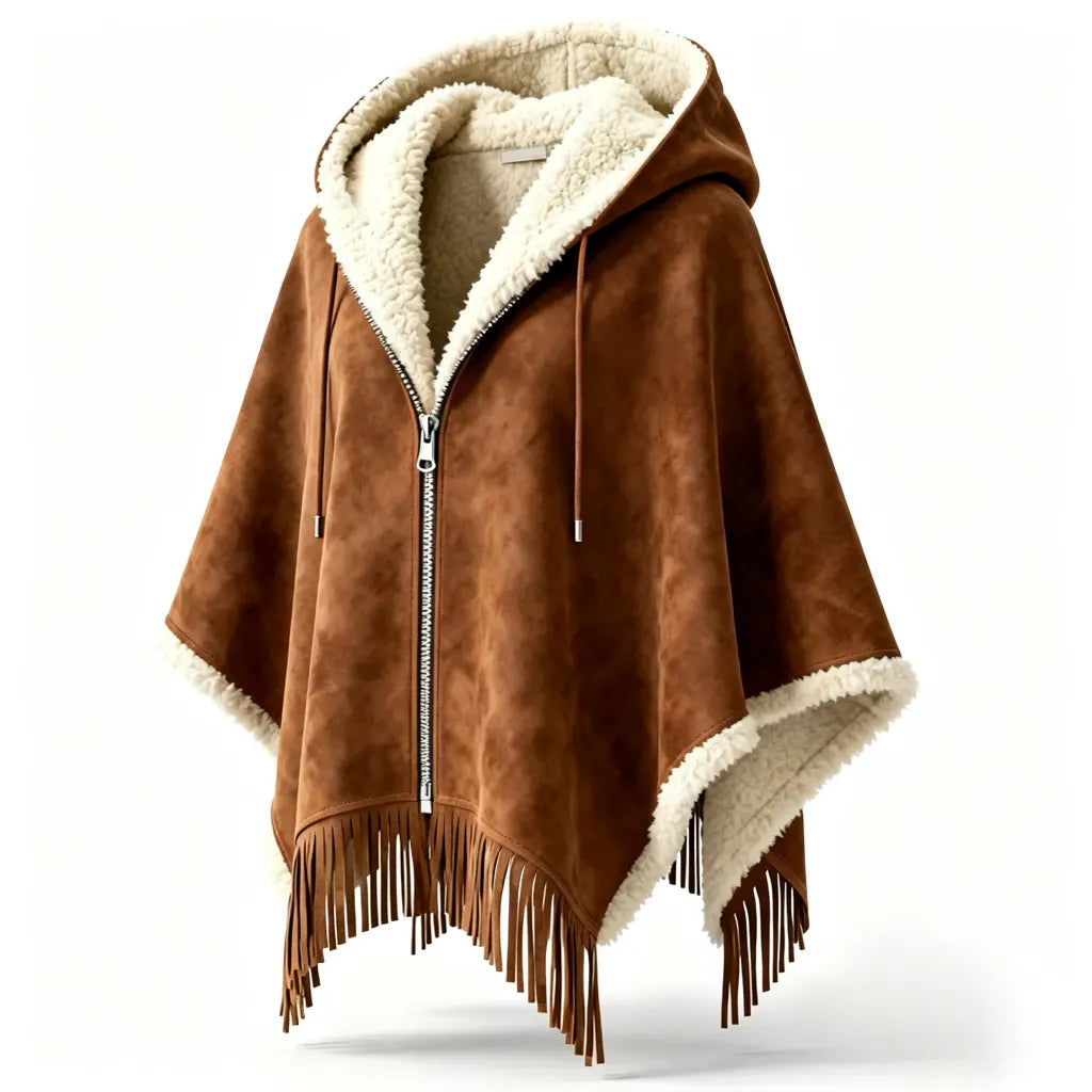 Women's Brown Faux Suede Hooded Cape With Shearling Lining And Fringe Details