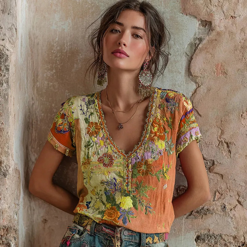 Women's Bohemian Floral Embroidery Art V-neck Contrast Color Linen Blend T-shirt