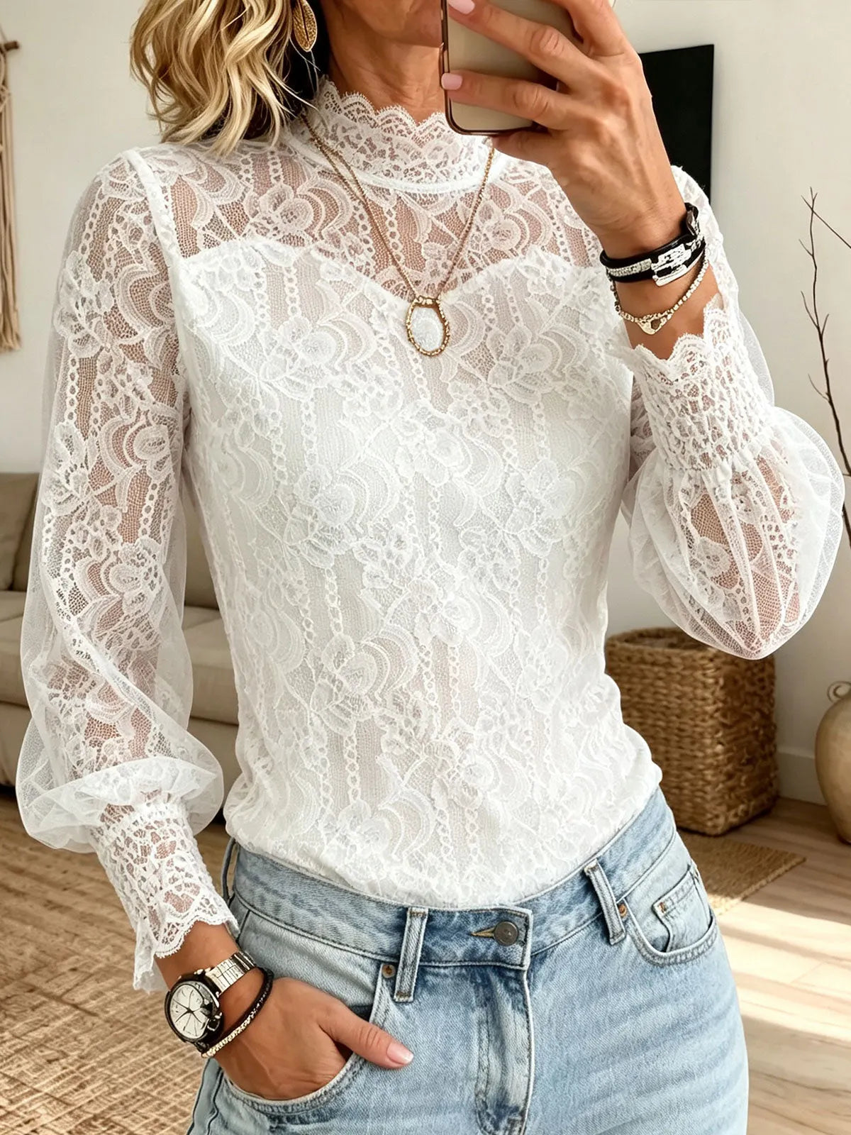 Women Long Puff Sleeve Elegant See‐through High Neck Floral Lace Blouse Top