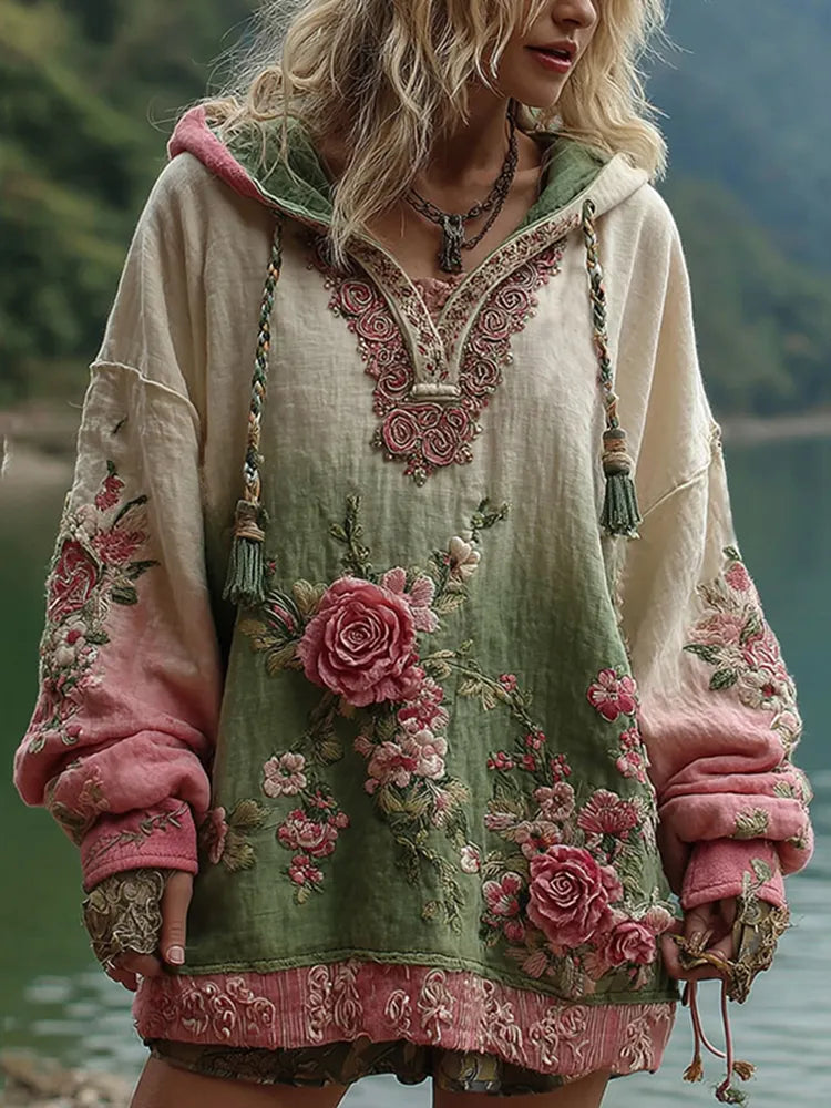 Love & Health Collection Vintage Rose And Floral Art Linen Long Sleeve Hoodie