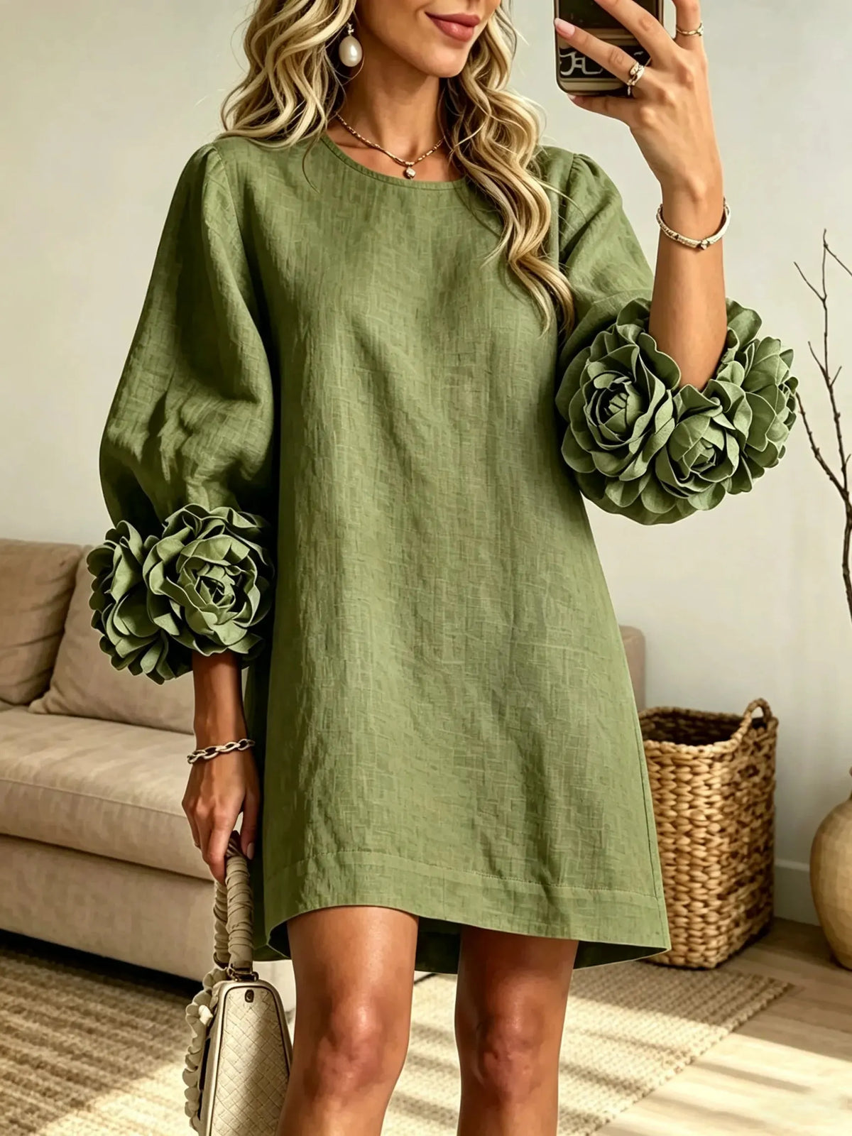 Women's 3D Floral Sleeve Linen Shift Dress