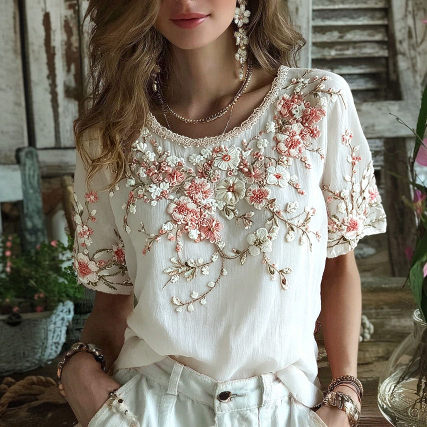 Women's Floral Art Embroidery Cotton Linen T-shirt
