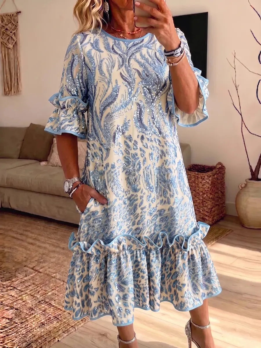 Vintage Elegant Pattern Print Patchwork Color Blocked Trim Ruffle Midi Dress With Pockets