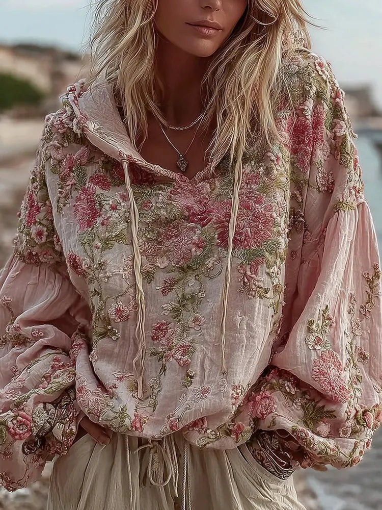 Women's Vintage Floral Embroidery Warm Hoodie
