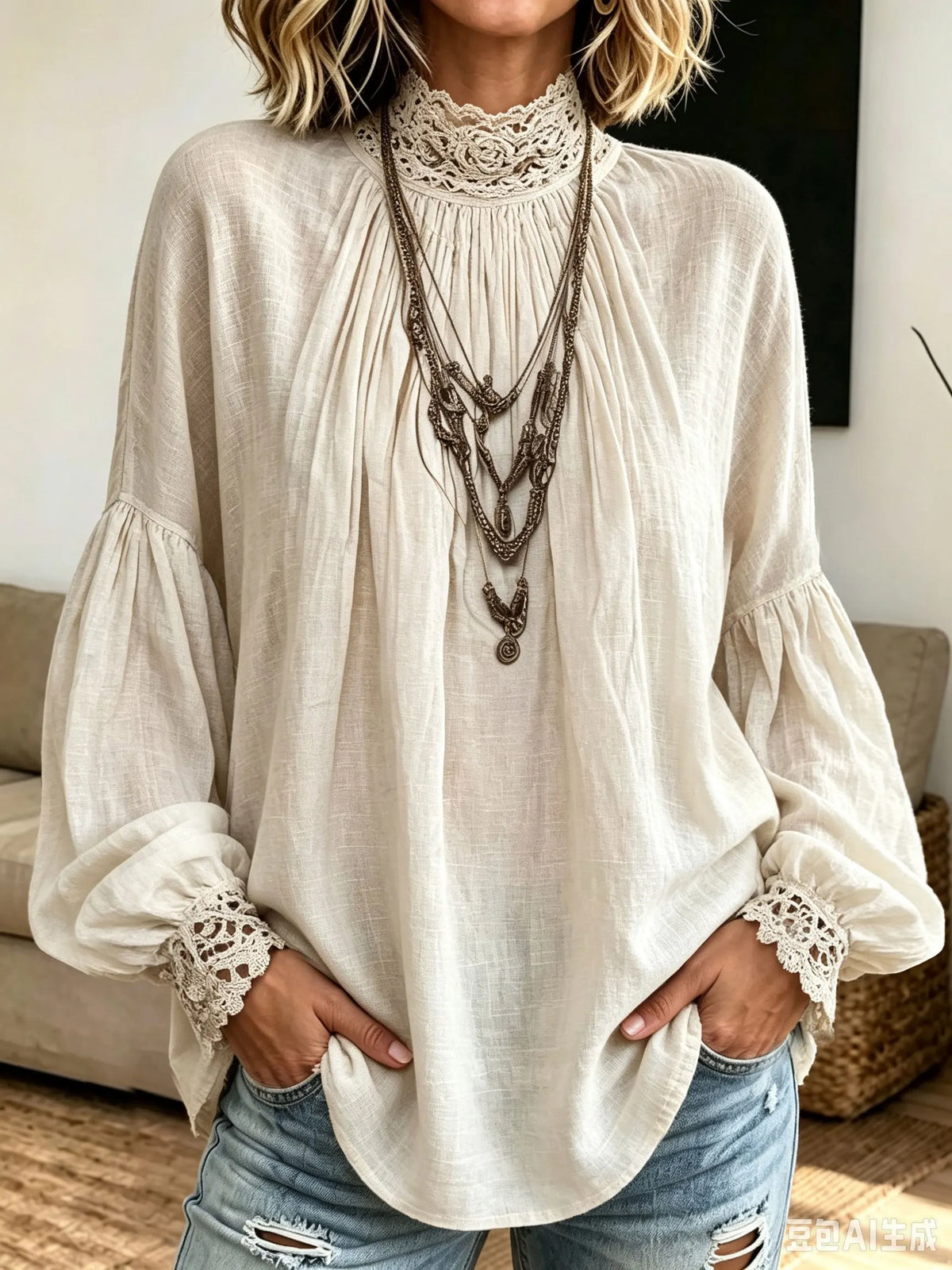 Women Loose Linen‐look Tunic Boho Lace Mock Neck Lantern Long Sleeve Blouse Top